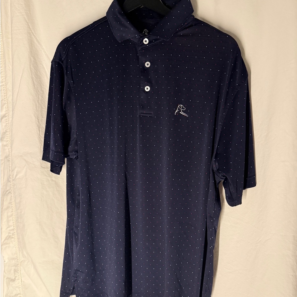 Rhoback Blue Polo Shirt with Red & Blue dots and Moisture Wicking Fabric